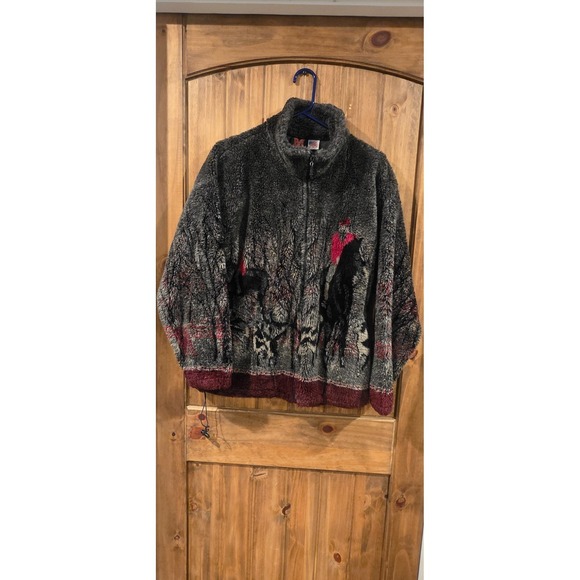 Mazmania Jackets & Blazers - Mazmania Vtg Fleece Sweater Jacket Womens‎ S Black Horseback Hunters Dogs Woods